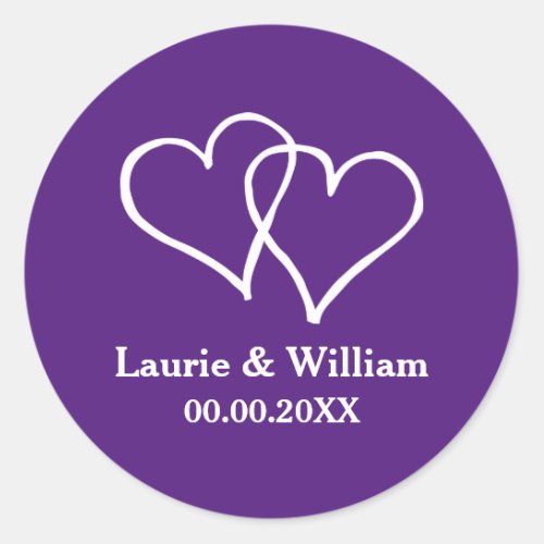 Custom royal purple double heart wedding stickers