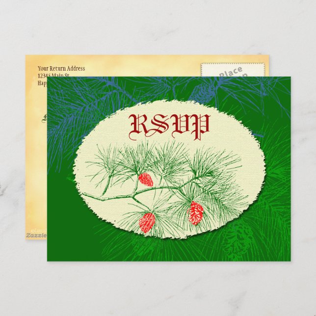 Custom RSVP Holiday Green Pine Postcard (Front/Back)
