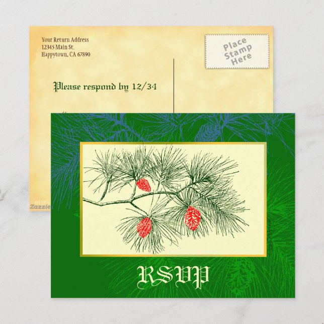 Custom RSVP Holiday Green Pine Postcard (Front/Back)