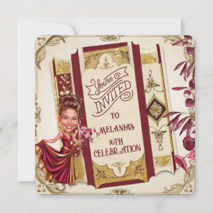 Custom Ruby Red and gold Sweet 16 Caricature Invitation