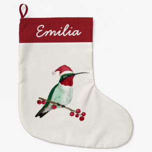 Custom Ruby-throated Hummingbird Large Christmas Stocking