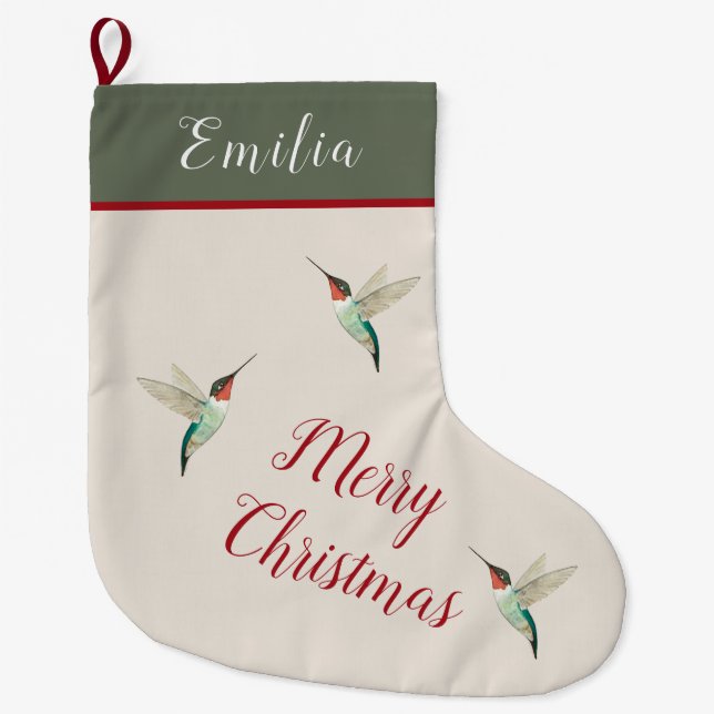 Custom Ruby-throated Hummingbirds Large Christmas Stocking (Front)