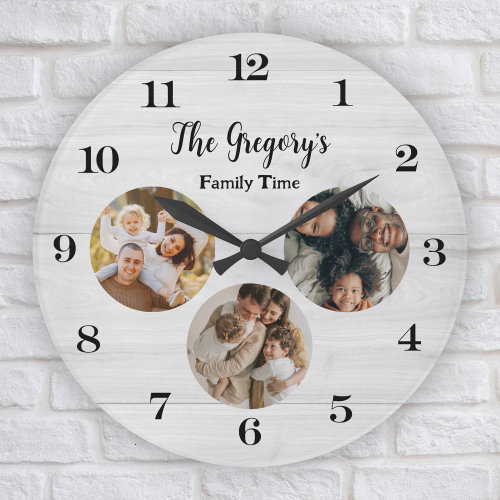 Custom Rustic 3 Photo Collage Fun Family Time Large Clock