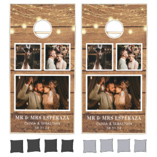 Custom Rustic 3 Photo Wedding Mr and Mrs Barn Wood Cornhole Set