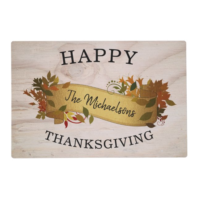 Custom Rustic Autumn Gold Happy Thanksgiving Placemat (Back)