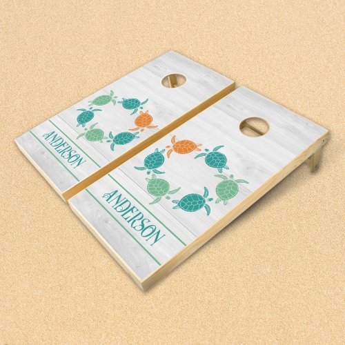 Custom Rustic Beach Minimalist Sea Turtle Family Cornhole Set