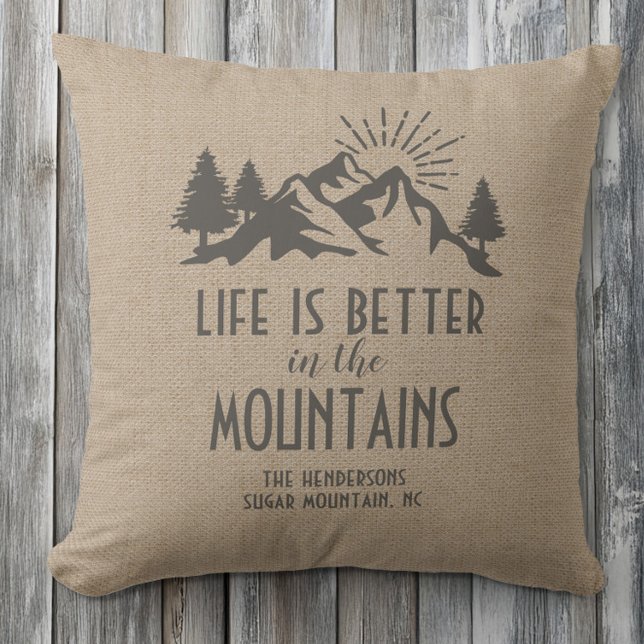  Custom Rustic Better in Mountain Quote Tan Brown  Outdoor Pillow (Custom Rustic Better in Mountain Quote Tan Brown Throw Pillow)