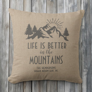 Custom Rustic Better in Mountain Quote Tan Brown Throw Pillow
