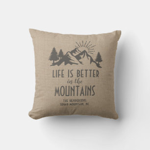 Custom Rustic Better in Mountain Quote Tan Brown Throw Pillow
