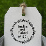 Custom Rustic Botanical Country Wreath Wedding Rubber Stamp<br><div class="desc">A perfect addition to use for your Wedding whether it's for your Save the Date Envelopes, Bridal Shower or wedding day favor bags or tags. Hand drawing of a elegant laurels, leaves in a shape of a wreath with a country rustic look. Customize the bride and groom's name with the...</div>