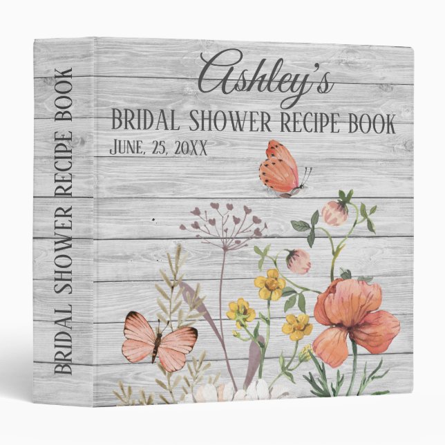 Custom Rustic Bridal Shower Recipe Book 3 Ring Binder (Front/Spine)