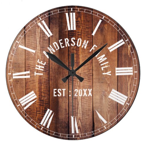 Custom Rustic Brown Wood Family Name Farmhouse Large Clock