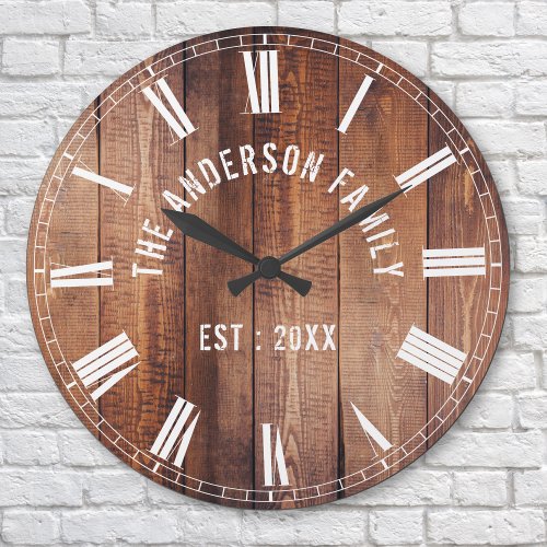 Custom Rustic Brown Wood Family Name Farmhouse Large Clock