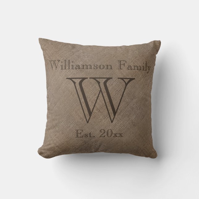 Custom Rustic Burlap-Look Family Keepsake Throw Pillow (Front)