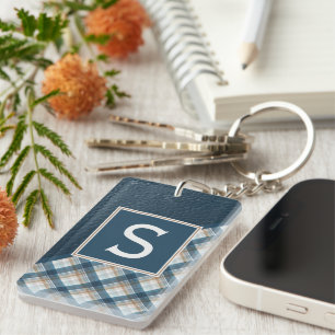 Custom Rustic Dark Blue Brown Stripe Plaid Pattern Keychain