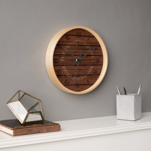 Custom Rustic Dark Brown Weathered Plank Pattern Clock