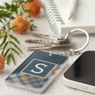 Custom Rustic Dark Teal Blue Stripe Plaid Pattern Keychain