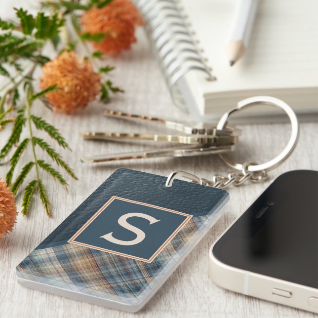 Custom Rustic Dark Teal Blue Stripe Plaid Pattern Keychain (Front Right)