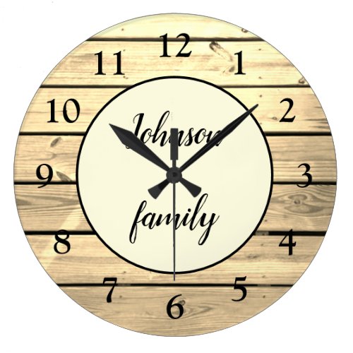 Custom Rustic Elegant Light Wood Family Name Large Clock