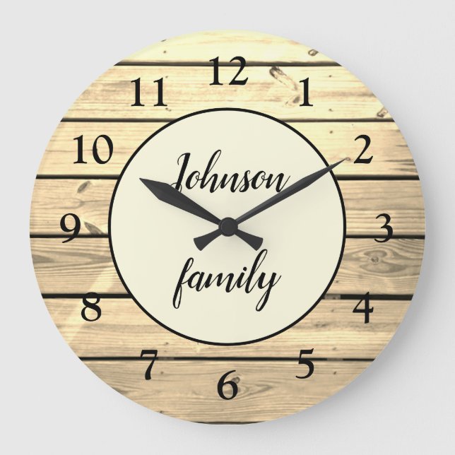Custom Rustic Elegant Light Wood Family Name Large Clock (Front)
