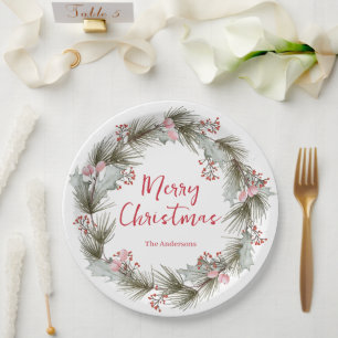 Custom Rustic Elegant Watercolor Christmas Wreath Paper Plates