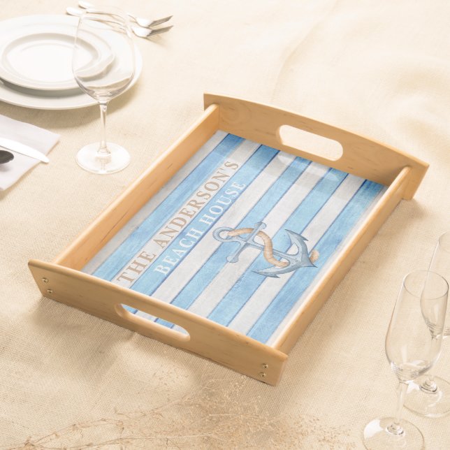 Custom Rustic Family Beach House Nautical Stripes Serving Tray (Front)