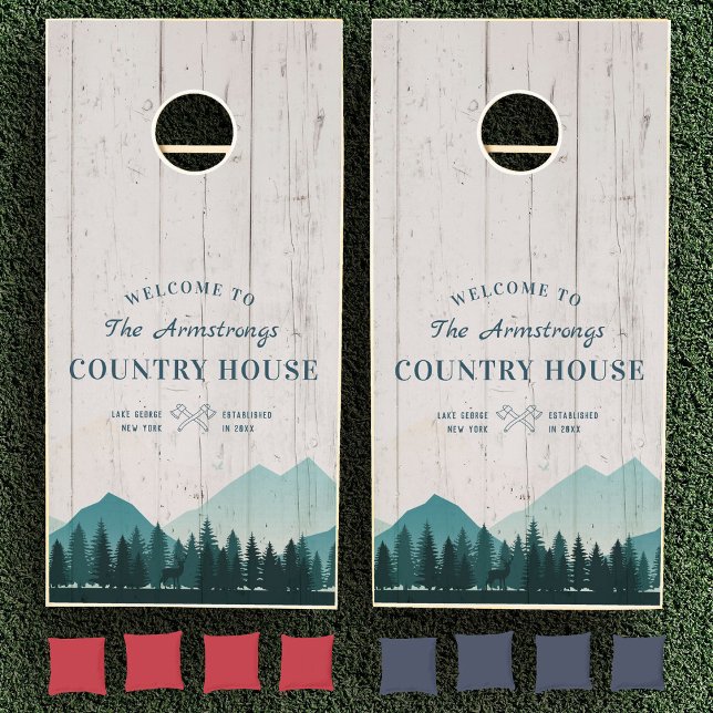 Custom Rustic Family Country House White Wood Cornhole Set (Two wooden cornhole boards on grass with custom text. Mountain and forest design.)