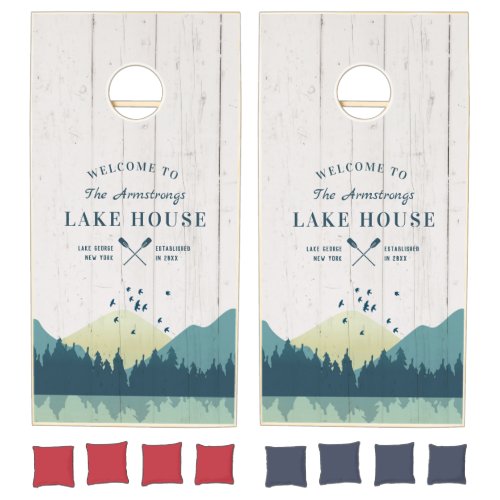 Custom Rustic Family Lake House Wood Plank Cornhole Set