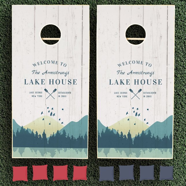 Custom Rustic Family Lake House Wood Plank Cornhole Set (Two cornhole boards with "Welcome to the Armstrongs Lake House" text, and mountain and lake design)