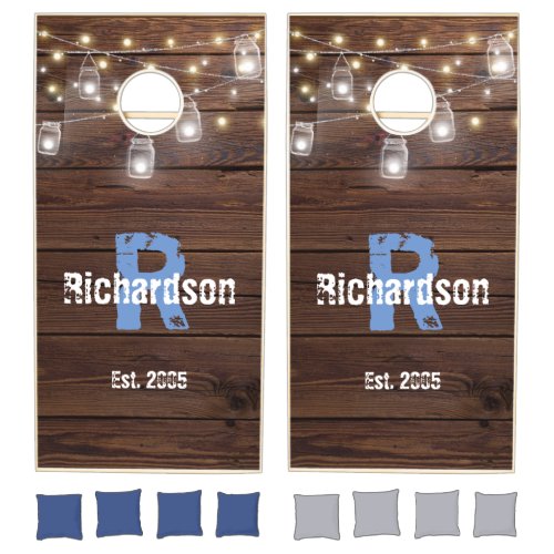 Custom Rustic Family Monogram Dark Wood Beach Cornhole Set