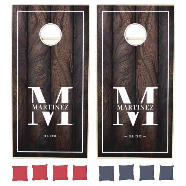 Custom Rustic Family Monogram Name Dark Wood Cornh Cornhole Set (Set)
