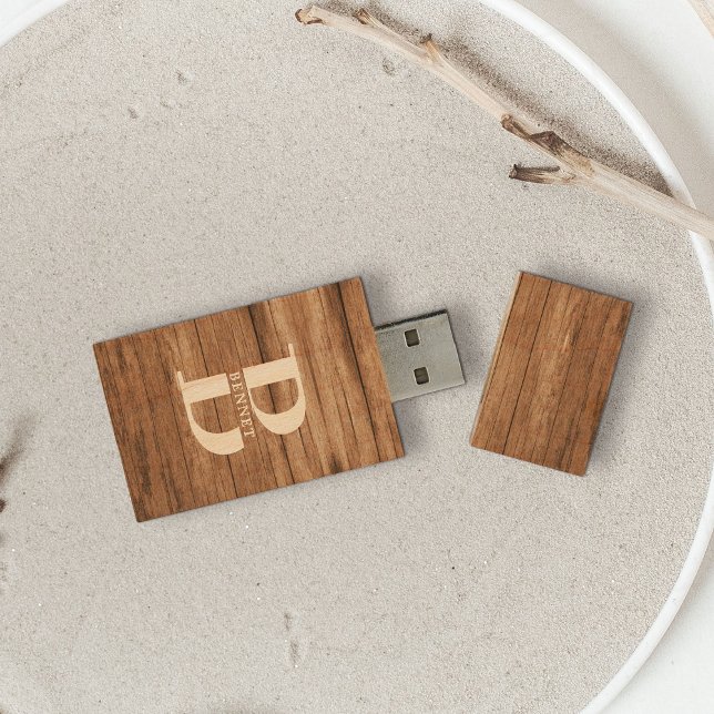 Custom Rustic Family Monogram Name Wood Flash Drive (Creator Uploaded)