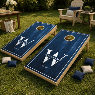 Custom Rustic Family Monogram Nautical BlueWood Cornhole Set