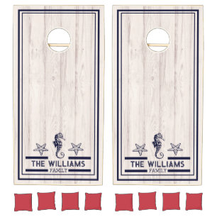 Custom Rustic Family Monogram Nautical Navy Blue Cornhole Set