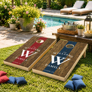 Custom Rustic Family Monogram Red White and Blue Cornhole Set