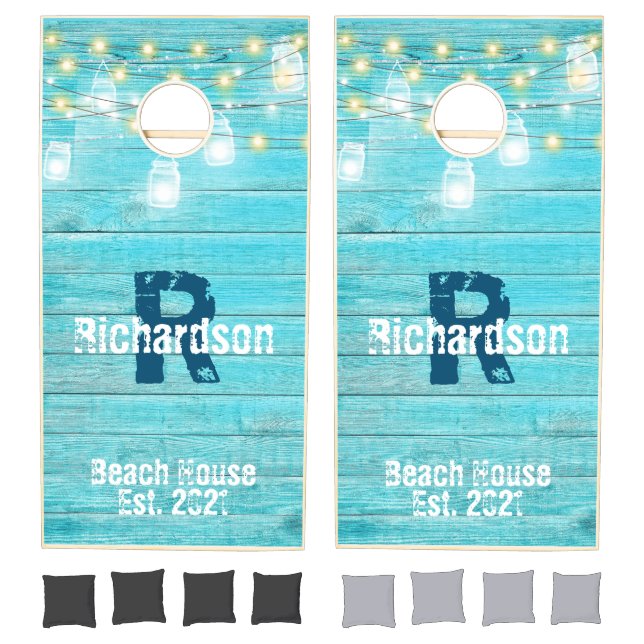 Custom Rustic Family Monogram Wood Lights Cornhole Set (Set)