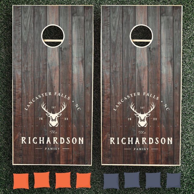 Custom Rustic Family Name Farmhouse Deer Buck Hunt Cornhole Set (Creator Uploaded)