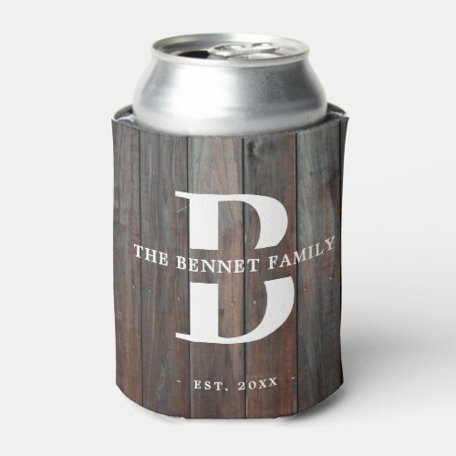 Custom Rustic Family Name Monogram Wood Can Cooler