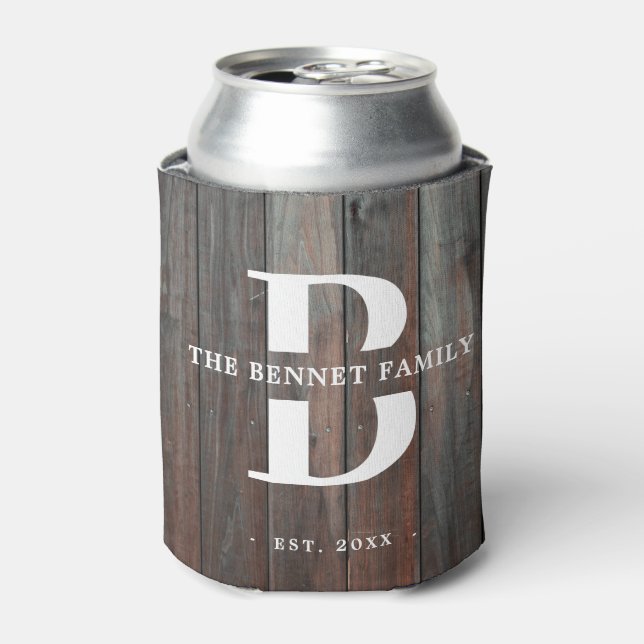 Custom Rustic Family Name Monogram Wood Can Cooler (Can Front)