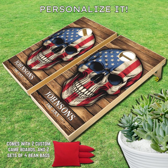 Custom Rustic Farmhouse American Flag Skull  Cornhole Set (Creator Uploaded)