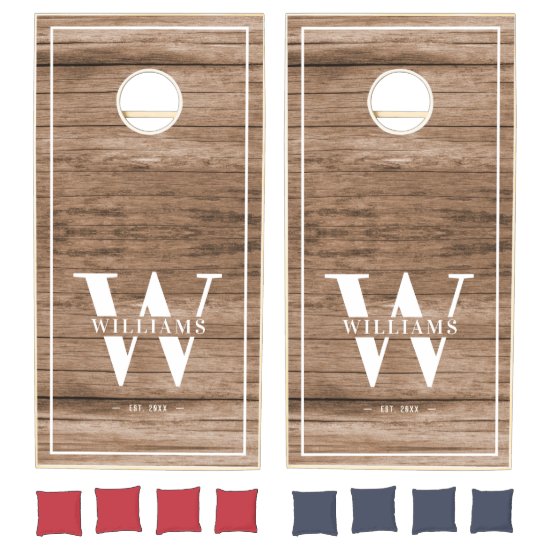 Custom Rustic Farmhouse Family Monogram Name Wood Cornhole Set