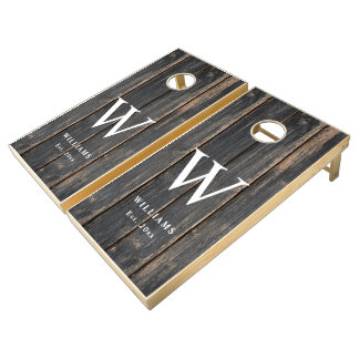 Custom Rustic Farmhouse Family Monogram Name Wood Cornhole Set