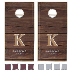Custom Rustic Farmhouse Family Monogram Name Wood Cornhole Set