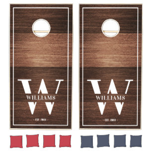 Custom Rustic Farmhouse Family Monogram Name Wood Cornhole Set