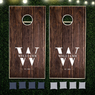 Custom Rustic Farmhouse Family Monogram Name Wood Cornhole Set