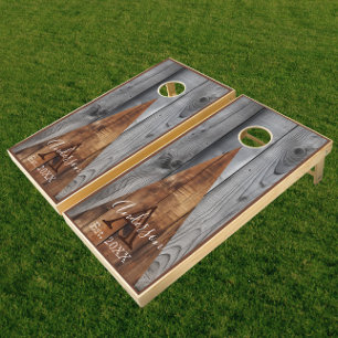 Custom Rustic Farmhouse Family Monogram Name Wood Cornhole Set
