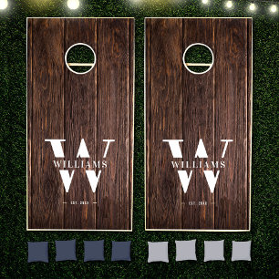 Custom Rustic Farmhouse Family Monogram Name Wood Cornhole Set