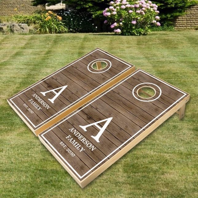 Custom Rustic Farmhouse Family Monogram Name Wood Cornhole Set (Creator Uploaded)
