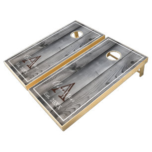 Custom Rustic Farmhouse Family Monogram Name Wood Cornhole Set