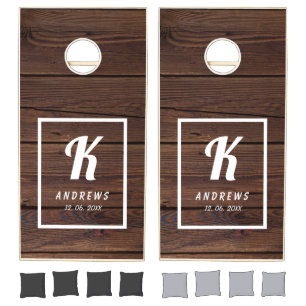Custom Rustic Farmhouse Family Monogram Name Wood Cornhole Set